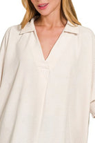 Zenana Sand Beige Airflow Collar Tee with Smocked Sleeve Band Top