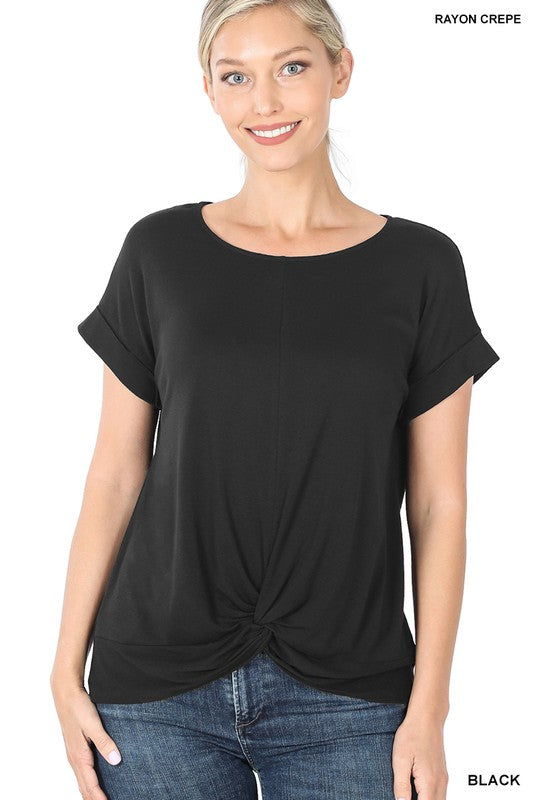 Zenana Rayon Span Crepe Knot-Front Top BLACK Shirts & Tops