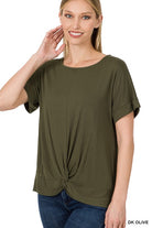 Zenana Rayon Span Crepe Knot-Front Top DK OLIVE XL Shirts & Tops