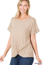 Zenana Rayon Span Crepe Knot-Front Top ASH MOCHA Shirts & Tops