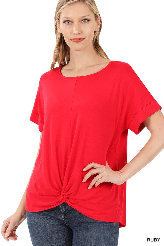 Zenana Rayon Span Crepe Knot-Front Top RUBY XL Shirts & Tops