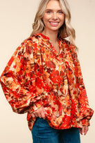 Haptics Rust Floral Print Notched Neck Smocked Satin Top Haptics