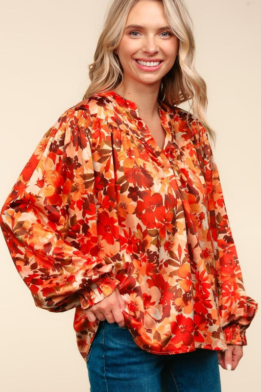 Haptics Rust Floral Print Notched Neck Smocked Satin Top Haptics