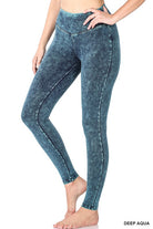 ZENANA Mineral Washed Wide Waistband Yoga Leggings DEEP AQUA ZENANA