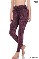 ZENANA Mineral Washed Wide Waistband Yoga Leggings DK BURGUNDY ZENANA