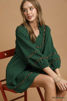 Umgee Palm Green Textured Babydoll Dress with Leopard Trim