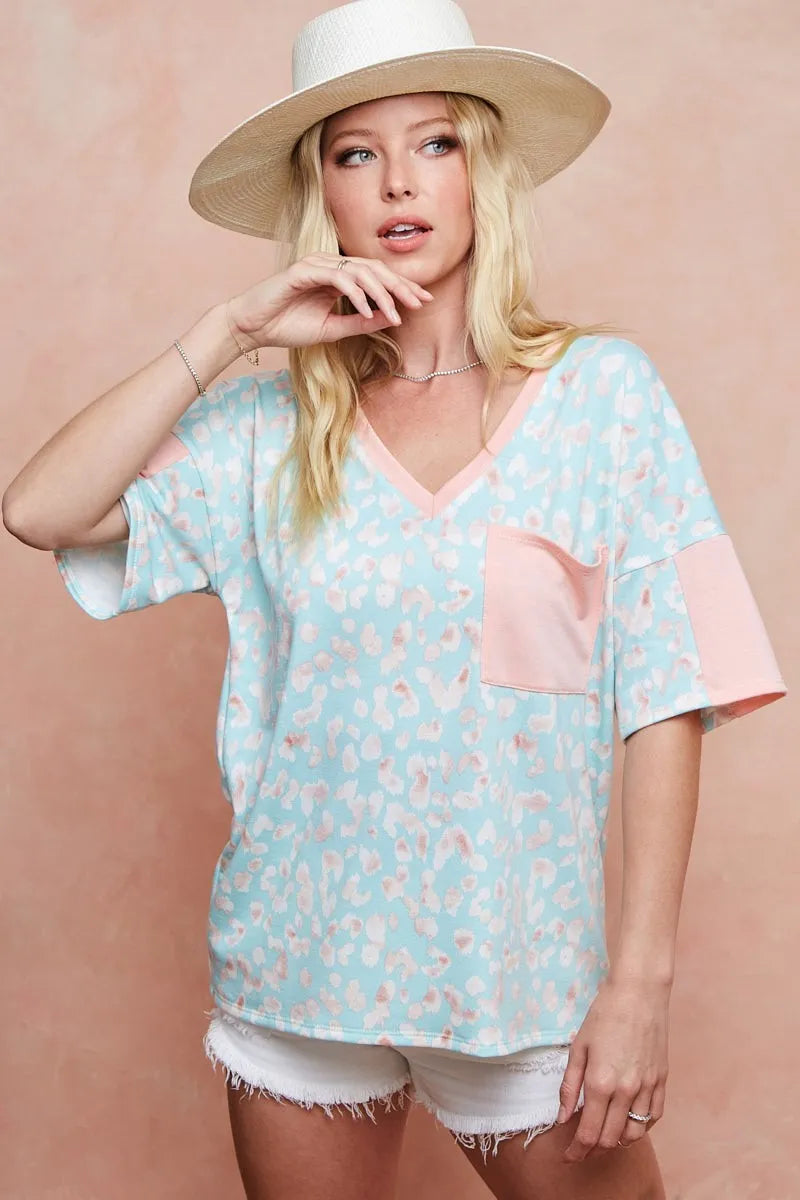 BiBi Mint Multi Color Leopard Printed French Terry Top MINT COMBO