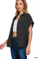 Zenana Black Woven Airflow Button Down Shirt Plus Size