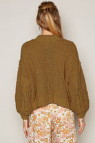 POL Olive Mock Neck Cable Knit Ballon Sleeve Sweater Trendsi