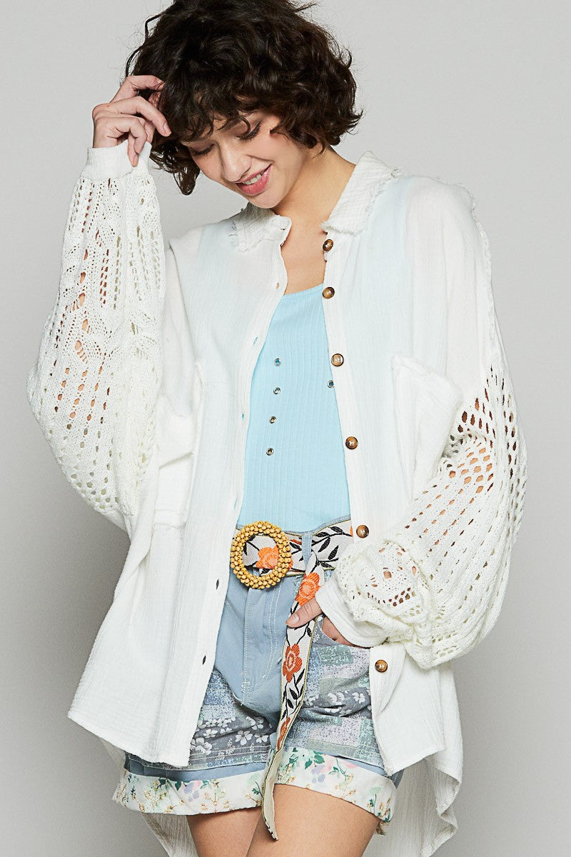 POL White Openwork Lantern Sleeve Button Down Gauze Shirt White Shirts & Tops