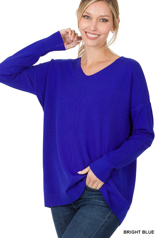 Zenana Hi-Low Garment Dyed V-Neck Front Seam Sweater BRIGHT BLUE S ZENANA
