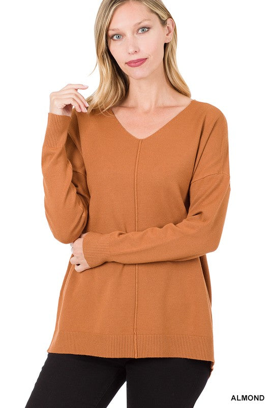 Zenana Hi-Low Garment Dyed V-Neck Front Seam Sweater ZENANA