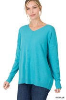 Zenana Dyed V-Neck Front Seam Sweater ICE BLUE ZENANA