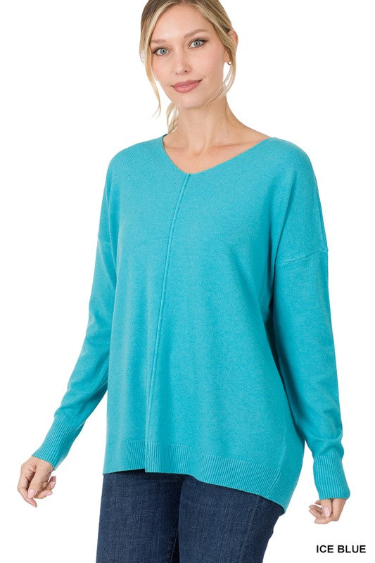 Zenana Hi-Low Garment Dyed V-Neck Front Seam Sweater ICE BLUE ZENANA