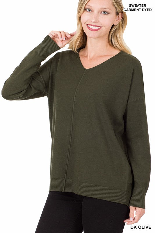 Zenana Hi-Low Garment Dyed V-Neck Front Seam Sweater ZENANA