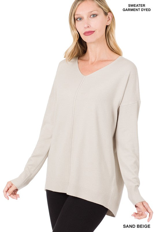 Zenana Dyed V-Neck Front Seam Sweater SAND BEIGE ZENANA