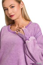 Zenana Bright Violet Acid Washed Batwing Sleeve Fleece Sweatshirt