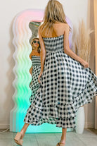BiBi Black & Ivory Smocked Body Off Shoulder Check Dress