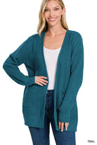 Zenana Low Gauge Waffle Open Cardigan Sweater TEAL ZENANA