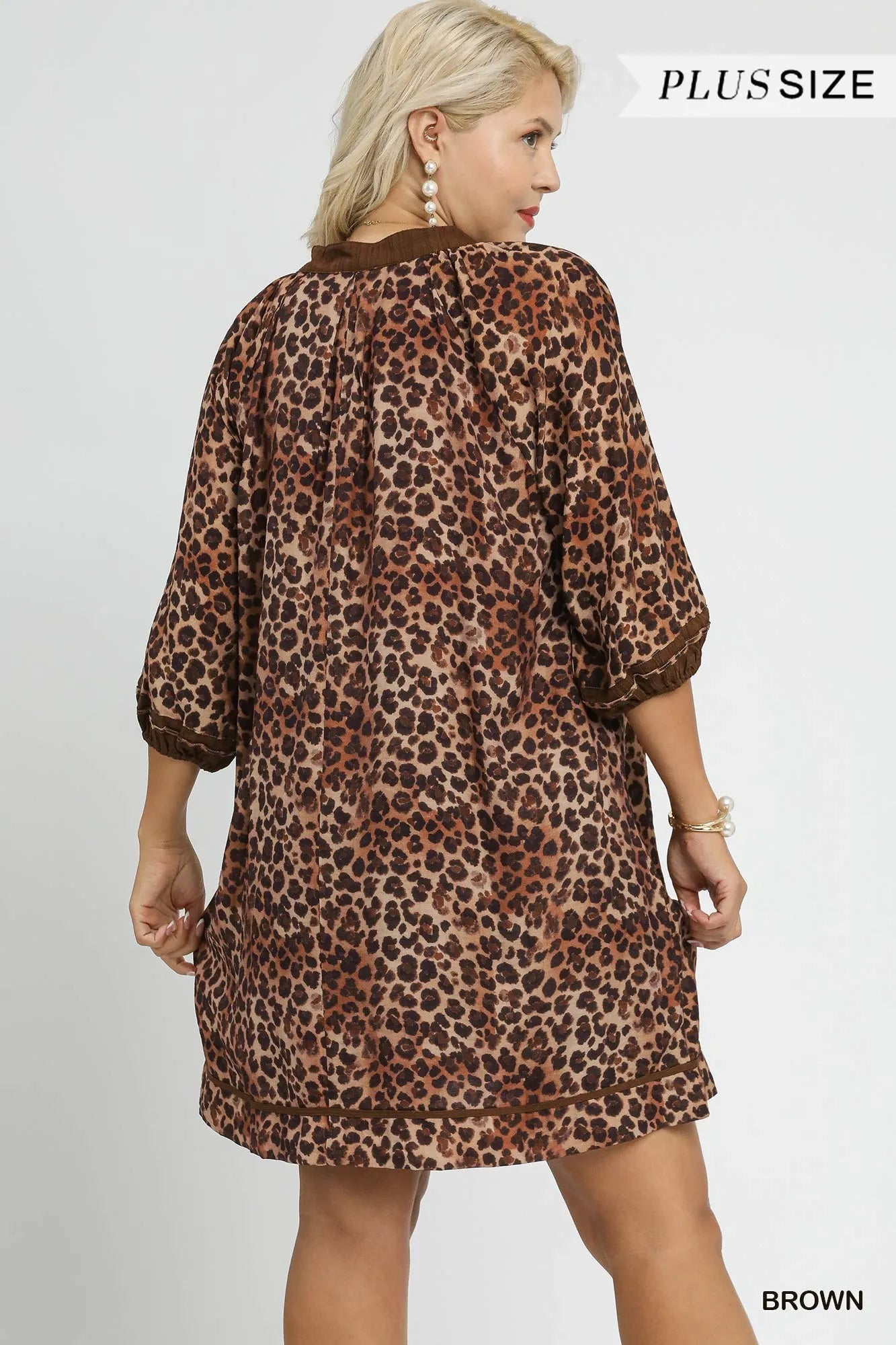 Umgee Brown Leopard Print Mini Dress with Contrast Trim
