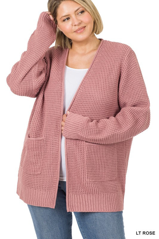 Zenana Plus Size Low Gauge Waffle Open Cardigan Sweater LT ROSE ZENANA