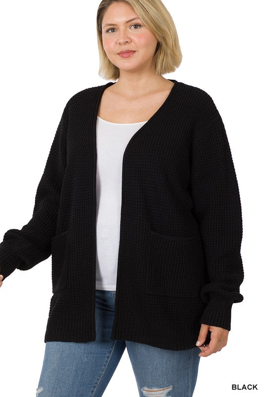 Zenana Plus Size Low Gauge Waffle Open Cardigan Sweater BLACK ZENANA