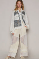 POL Eyelet Flower Pearl Detail Lace Patchwork Shirt in Charcoal and Cream Shirts & Tops