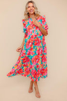 Haptics Orange & Aqua Floral Smocked Notched Neck Midi Dress