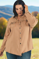 Davi & Dani Plus Distressed Hem Studded Button Down Oversized Shirt Davi & Dani