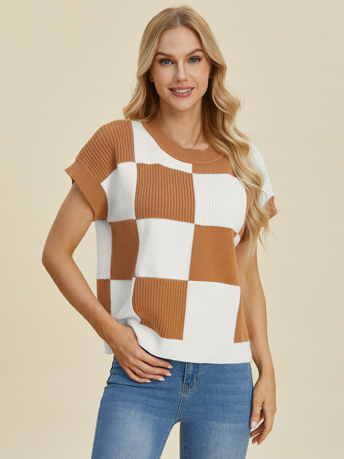 Double Take 4 Colors Checkered Textured Round Neck Short Sleeve Sweater Camel Shirts & Tops