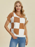 Double Take Checkered Round Neck Short Sleeve Sweater Trendsi