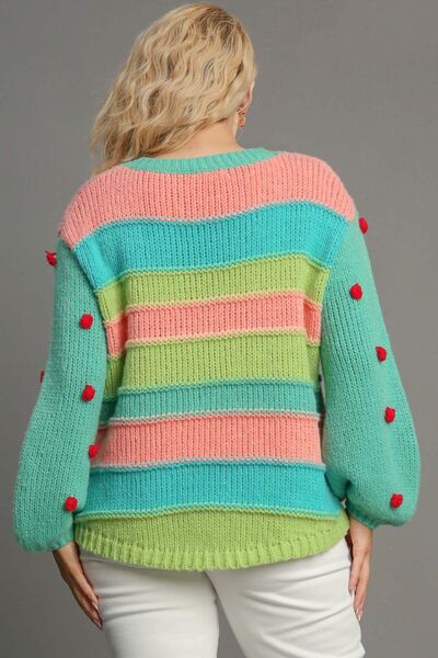 Umgee Color Block Cable Knit Sweater with Pom Pom