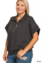 Zenana Black Scuba High Neck Half Zip Short Sleeve Top