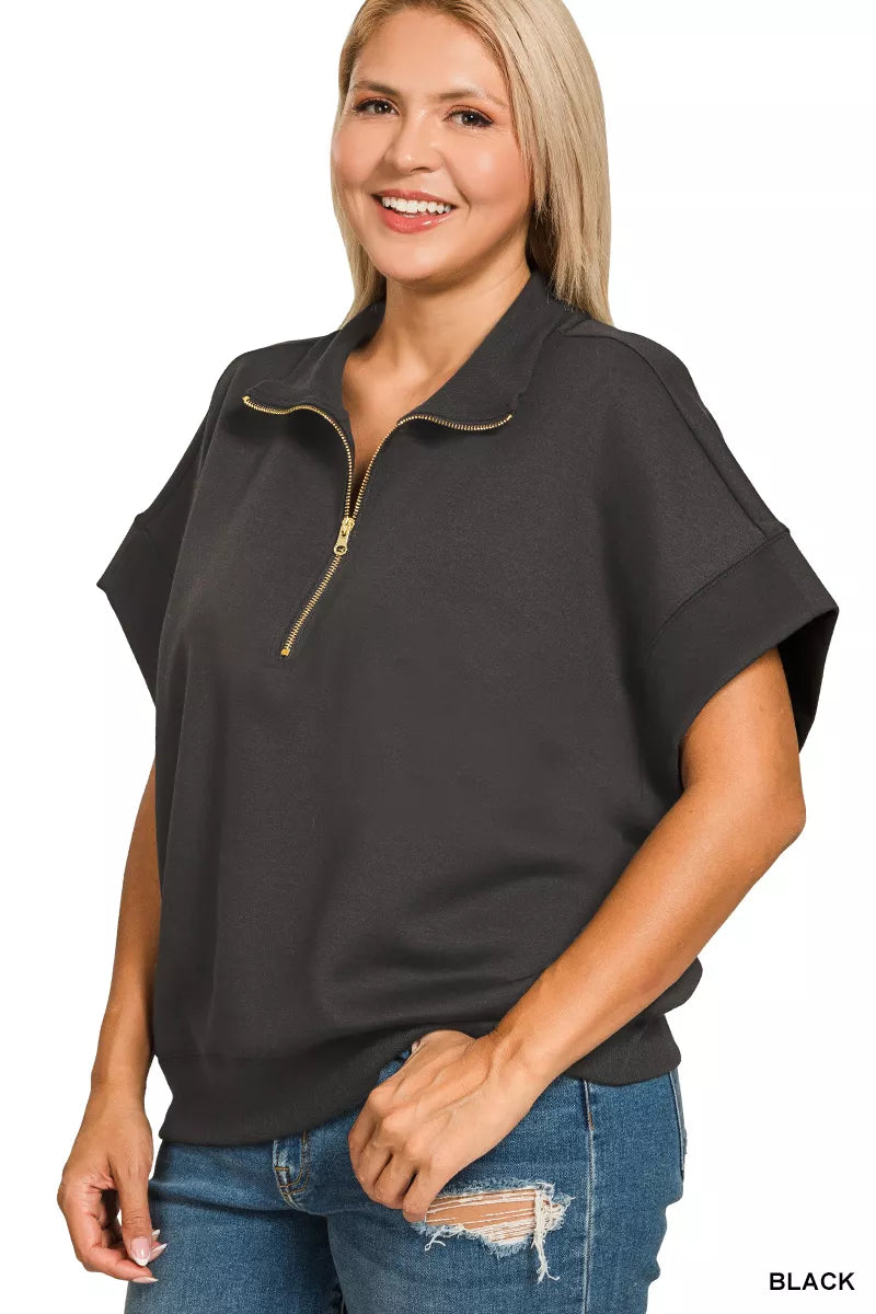 Zenana Black Scuba High Neck Half Zip Short Sleeve Top