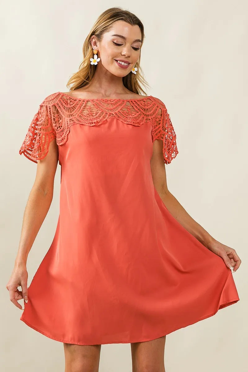 BiBi Apricot Crochet Lace Yoke Detailed Wrinkled Dress APRICOT