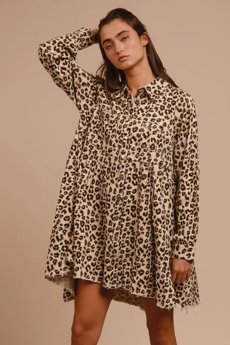 BiBi Oatmeal Washed Denim Button Down Dress with Side Pocket