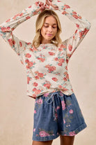 BiBi Oatmeal Floral Print Washed Waffle Thermal Top With Thumb