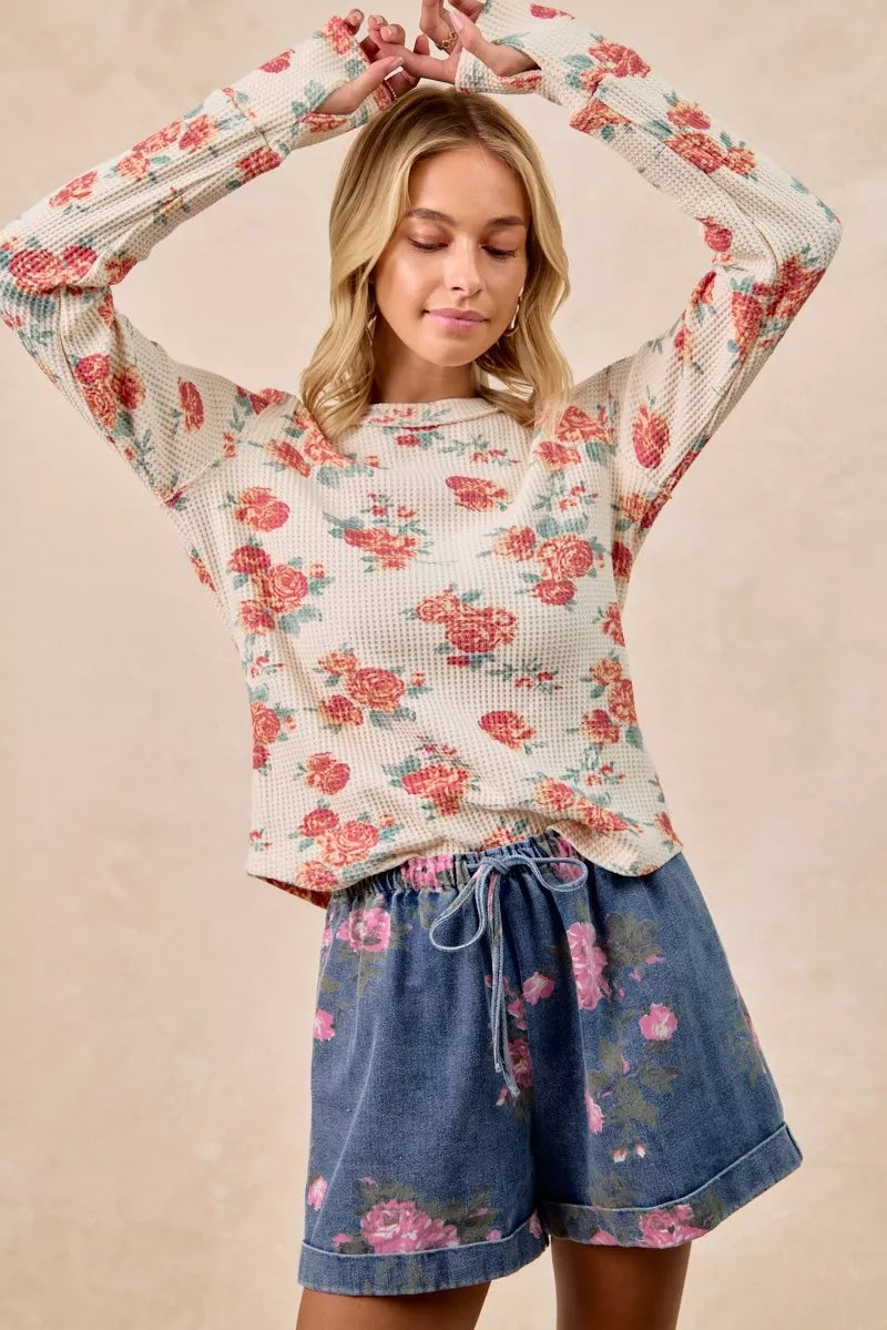 BiBi Oatmeal Floral Print Washed Waffle Thermal Top With Thumb