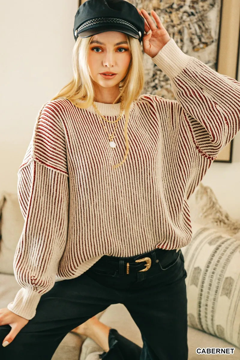 Zenana Cabernet Two Tone Crewneck Sweater CABERNET