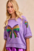 BiBi Lavender Mardi Gras Theme Ribbon Sequin Patched Top
