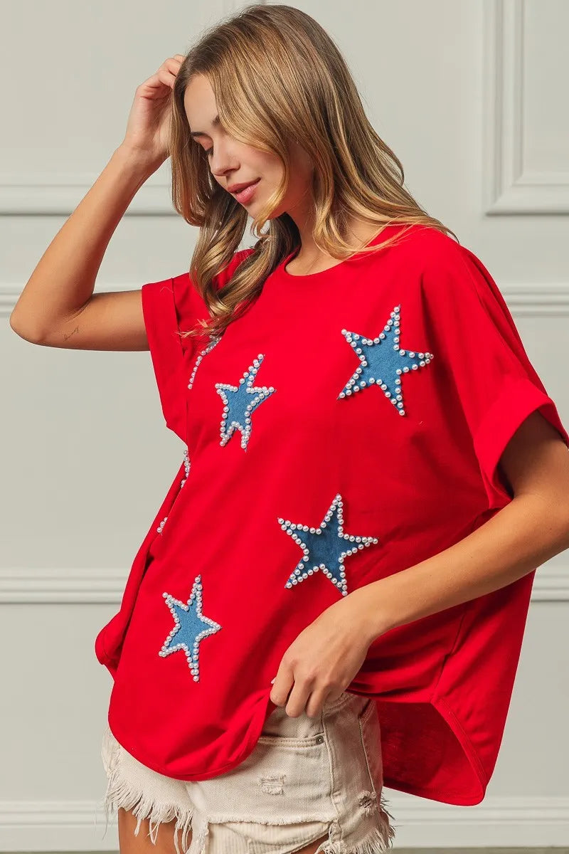 BiBi Red Beaded Stars Appliques Fourth Of July Terry T-Shirt