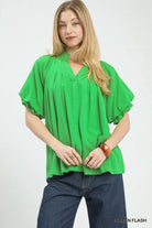 Umgee Green Flash Linen V-Neck Flutter Sleeve Top GREEN FLASH