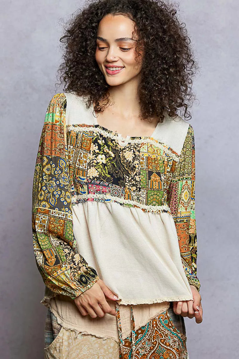POL Balloon Sleeve Peplum Blouse with Trim Detail