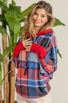 BiBi Red & Blue Plaid Brushed Rib Contrast Thumb Open Hoodie