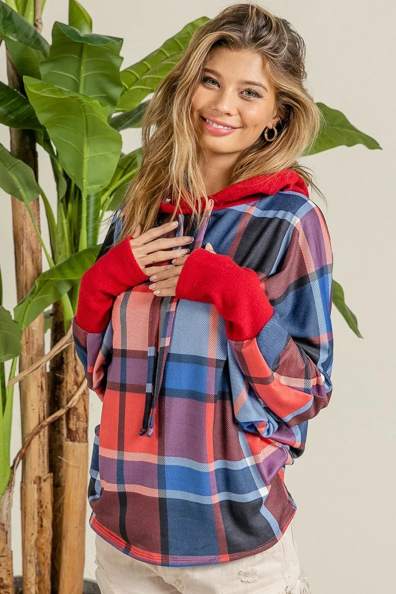 BiBi Red & Blue Plaid Brushed Rib Contrast Thumb Open Hoodie