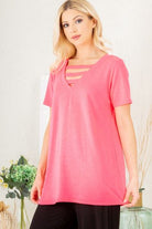 Heimish Hot Pink V-Neck Short Sleeve Top with Bar Detail