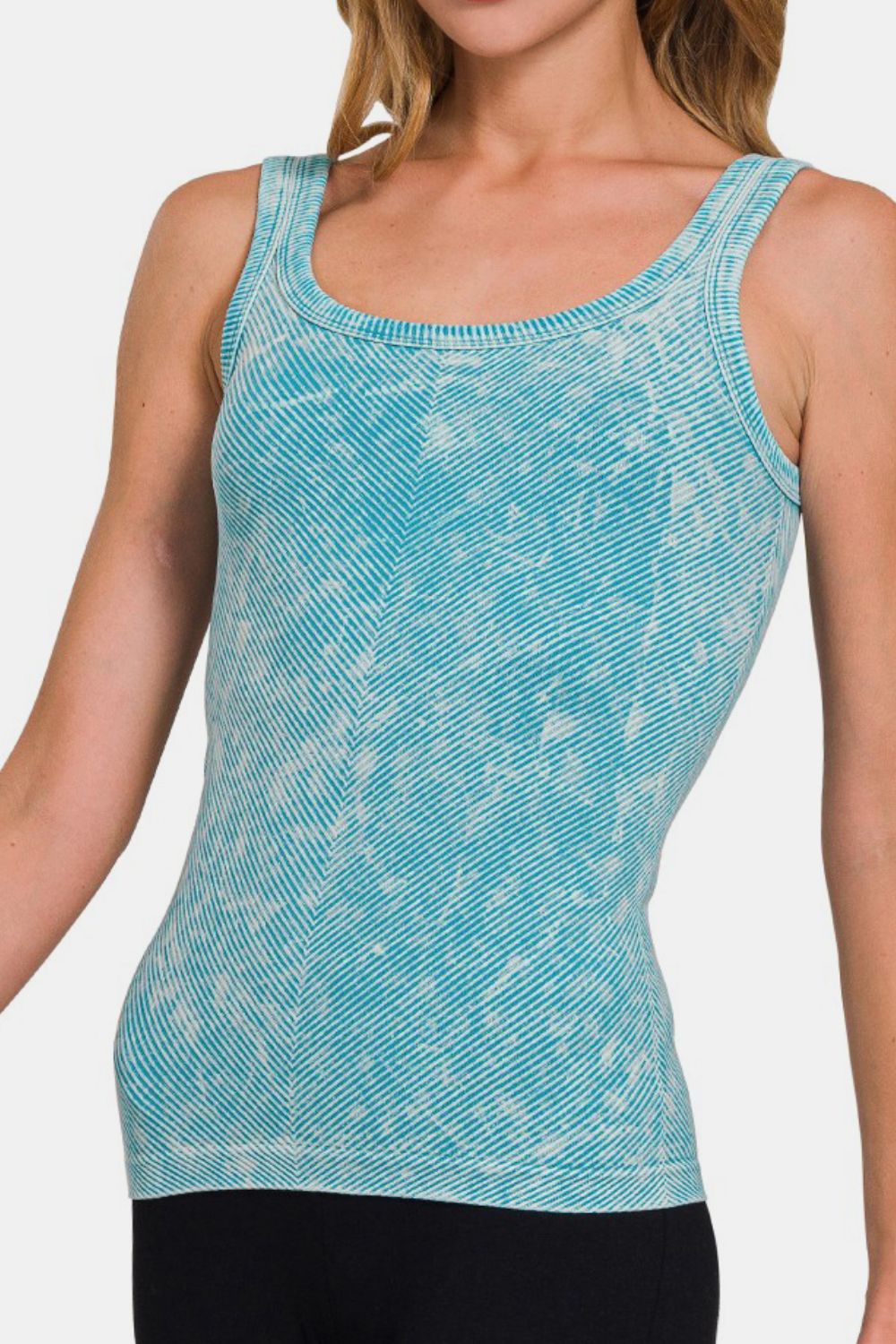 Zenana Ice Blue Stone Washed Ribbed Scoop Neck Tank Top