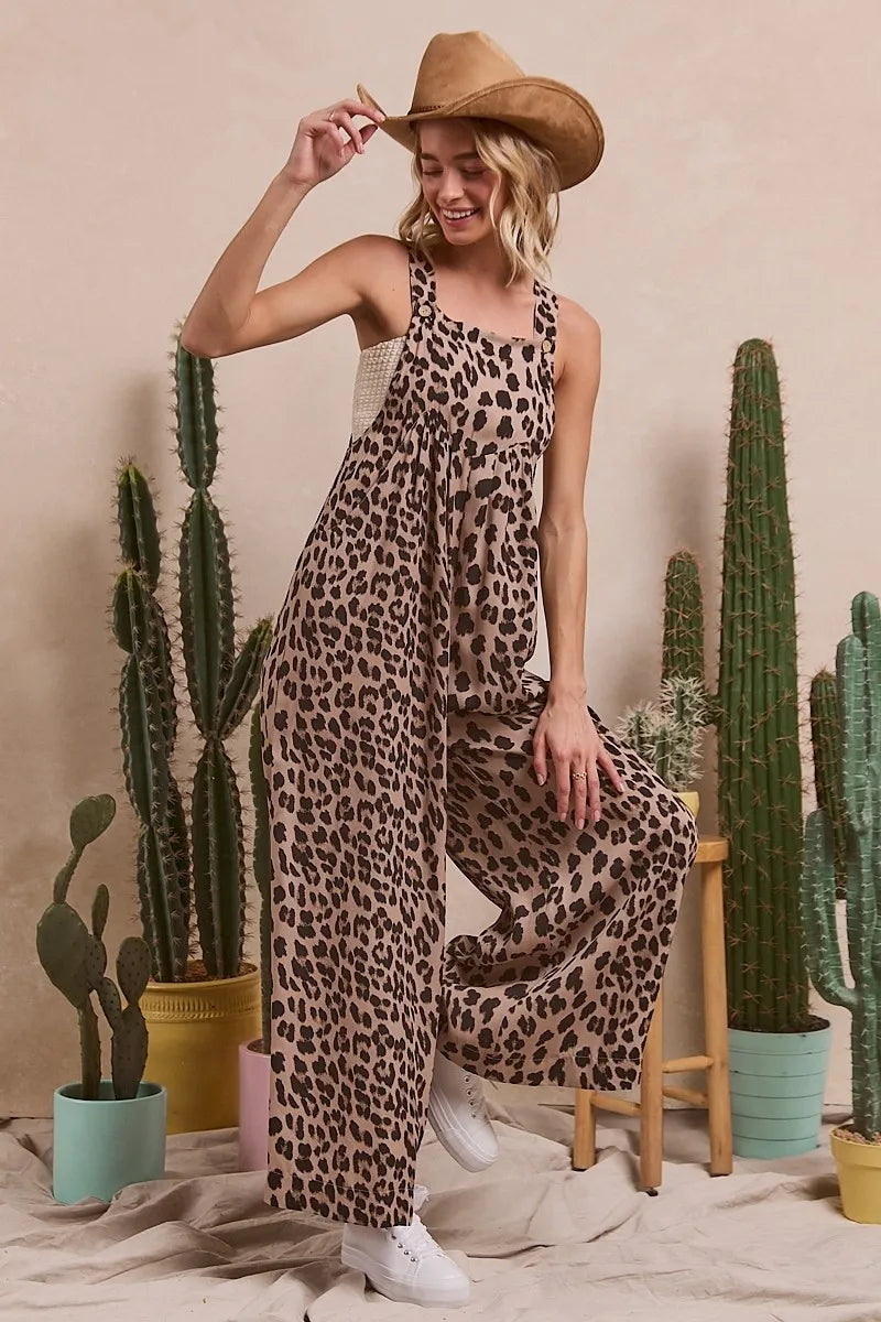 BiBi Leopard Print Wide Leg Overalls