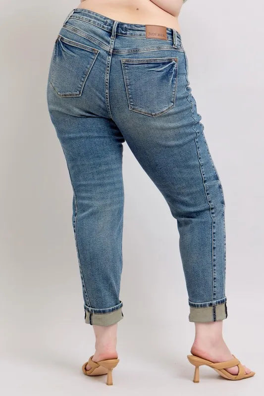 Judy Blue Mid Rise Vintage Wash Double Roll Cuff Boyfriend Jeans