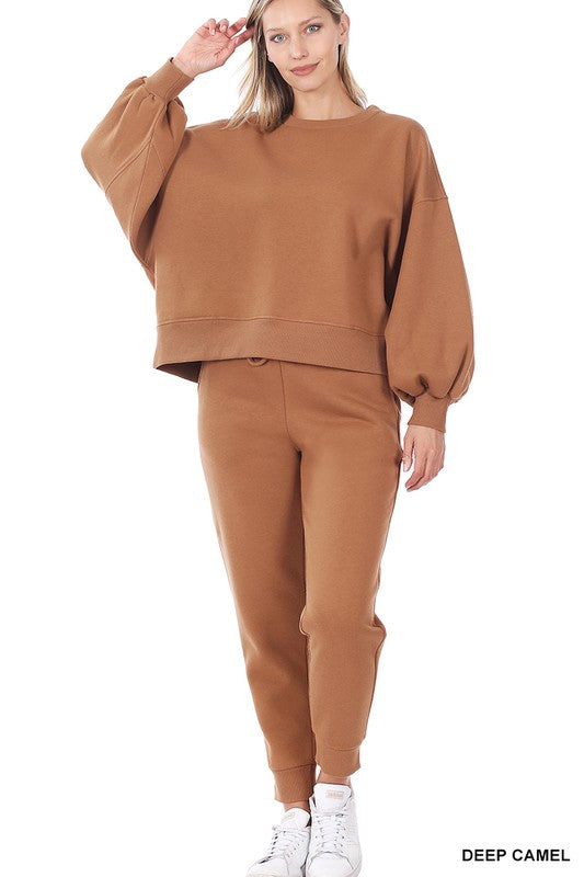 Zenana Balloon Sleeve Sweatshirt & Sweatpants Set DEEP CAMEL ZENANA